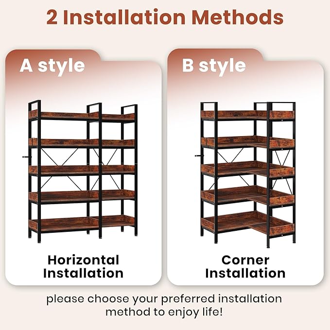 OUTLANE Reversible l-Shaped 5-Tier Industrial Bookshelf, 65 Inch Corner Bookcase with Open Wooden Shelves & Metal Frame, Adjustable Storage Rack for Home Office, Living Room Organization Furniture