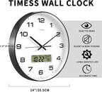 Wall Clock, 14" Large Dial Non-Ticking Silent Battery Operated Analog with LCD Display for Perpetual Calendar and F° Temperature, Ideal Modern Home, Bedroom, Office Decor (Black)