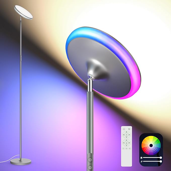 Bright Floor Lamp,42W 3700LM LED Torchiere Floor Lamps for Living Room, 71in. Modern Tall Standing Light with Remote,Color & Brightness Dimmable Sky Light,1/2/3H Timer for Bedroom,Office(Gray)