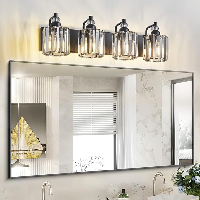4-Light Black Bathroom Light Fixtures Over Mirror Modern Vanity Lights Crystal Wall Sconce Vintage Bathroom Lighting with Crystal Shade E26 Base for Bedroom, Living Room, Hallway