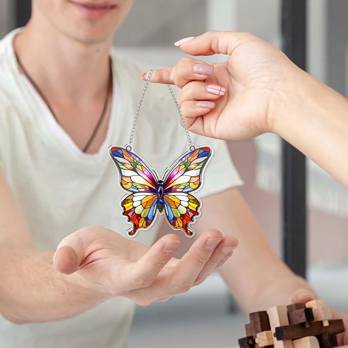 Butterfly Gifts for Women, Rainbow Acrylic Butterfly Hanging Ornament, Whimsical Decor Ornaments for Home Window & Car Decor, Christmas Ornament Decorations