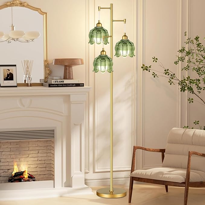 Vintage Floor Lamps for Living Room Bedroom-3 Light Glass Floor Lamp with Three Led Bulb, Flower Tall Floor Lamp Gold Mid Century Modern Standing Lamp Tree Floor Lamps for Living Room Bedroom Corner