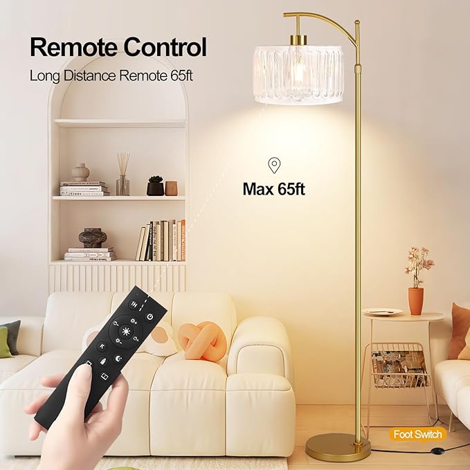 Glass Floor Lamp for Living Room,Bedroom,Gold Dimmable Standing Lamp with Remote,Brass White Tall Lamp Boho Mid Century Modern Floor Lamps Arc Floor Light Lamp Girls Kids Bohemian
