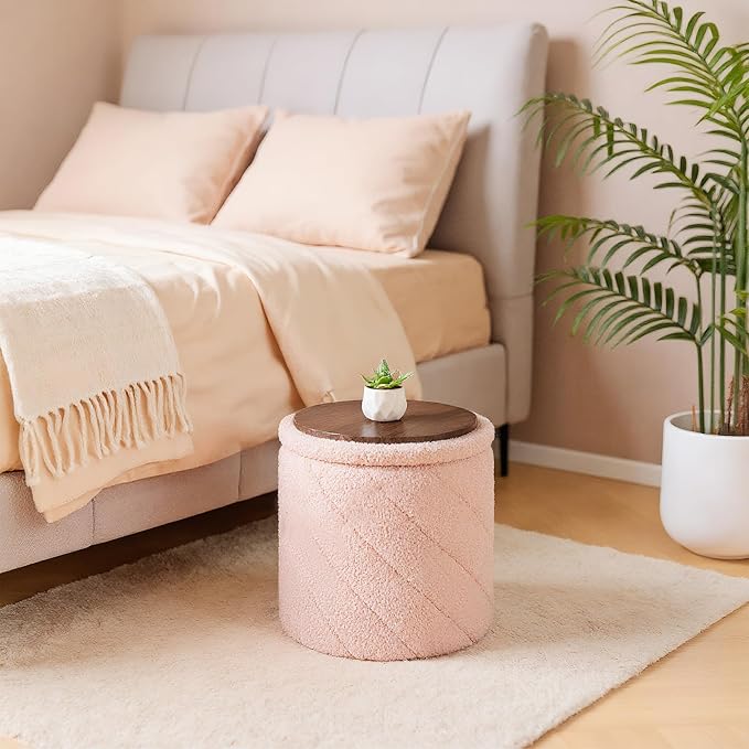 13" Foldable Boucle Round Storage Ottoman,Space-Saving Footrest/Seating/Coffee Table for Small Apartments,Dorms & Bedrooms-Pink