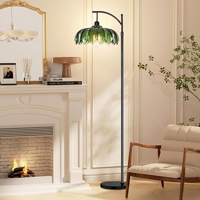 Glass Floor Lamp for Living Room,Bedroom,Gold Dimmable Standing Lamp with Remote,Mid Century Modern Brass Tall Lamp Boho Vintage Retro Floor Lamps Arc Green Flower Floor Light Lamp Bohemian