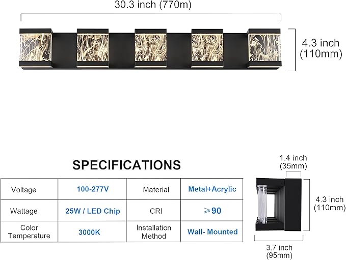 MELUCEE LED Bathroom Lighting Fixtures Over Mirror 5 Lights Black LED Vanity Lighting with Unique Smoke Acrylic Panel Modern Led Bathroom Light Bar, 25W 3000K Warm Lighting