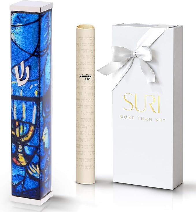 SURI Mezuzah for Door with Printed Scroll Inside | 4" Modern Mezuzah Case (Silver Blue)