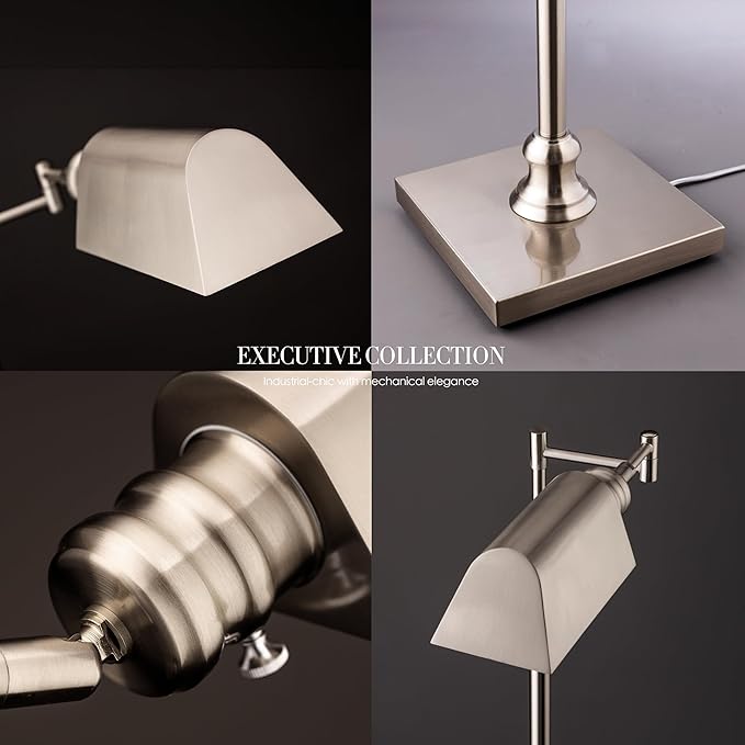 O’Bright Arcadia - Pharmacy Floor Lamp, Full Range Dimming, Swing Arm Task Lamp, E26 Socket, Bulb Replaceable, Adjustable Height 47” to 55”, 360° Rotatable Shade, All-Metal Design, Brushed Nickel