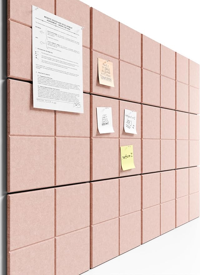 Bumusty Large Felt Bulletin Board, 48" x 36" Cork Board Alternative, 12-Pack Wall Tiles with 4-Compartment Design, 30 Push Pins, 70 Adhesive Tabs, Ideal for Office & Home Decor, Pink