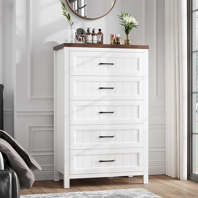 5 Drawer Dresser for Bedroom - Farmhouse 44.9" Tall Chest of Dresser with Large Storage, Rubst Wood Construction for Living Room, Hallway & Entryway - White (White & Brown)