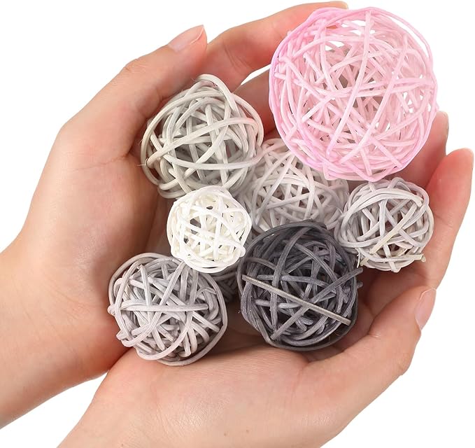 Patelai 36 Pcs Wicker Rattan Balls Decorative Balls for Vase Centerpiece Bowls Orbs Filler for Home Decor,4 Sizes(White, Pink, Light Grey, Dark Grey)
