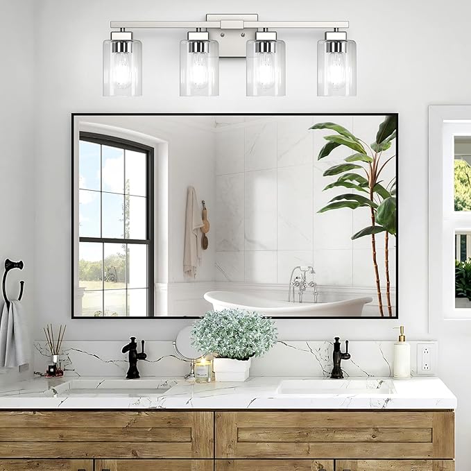 BesLowe 27" 4-Light Bathroom Light Fixture, Modern Brushed Nickel Bathroom Vanity Light, Bathroom Lighting Fixtures Over Mirror, Matte Nickel Bathrom Wall Lamp, Wall Lights for Living Room Bedroom