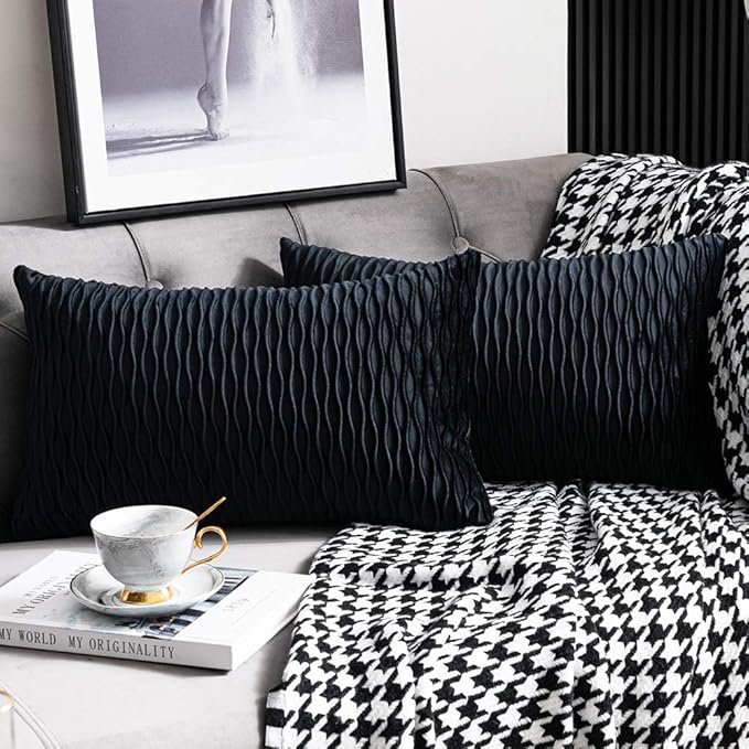 Black Striped Decorative Pillow Covers: 2 Pack 12x20 Inch Original Velvet Rectangular Throw Pillow Cases for Farmhouse Couch