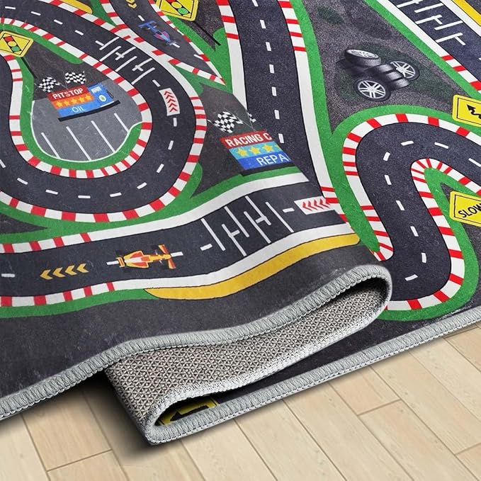 Kids Rug,Children's Room Rug,Road Race Play Rugs, Rail City Living Rugs, Washable Non-Slip Play Mats. (Grey, 39x59in)