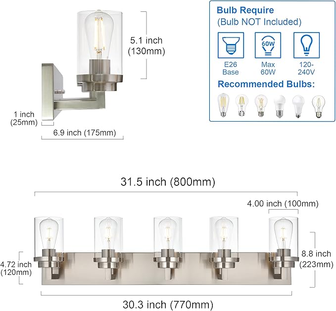 MELUCEE 5-Light Bathroom Vanity Light Brushed Nickel Finish with Clear Glass Shade, Modern Wall Mount Light Fixtures for Bedroom Powder Room Hallway