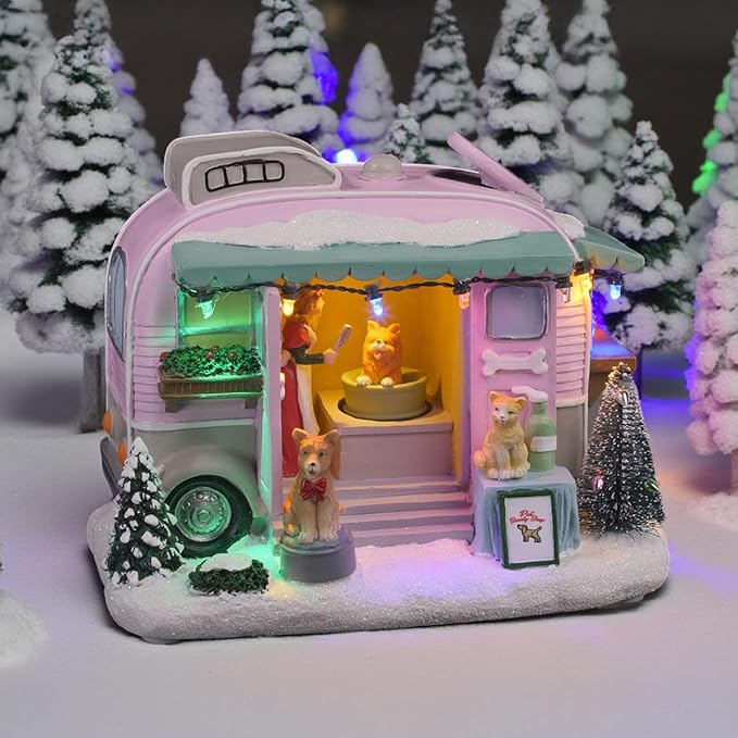 Pet Grooming Trailer Animated Christmas Village with LED Lights and Music
