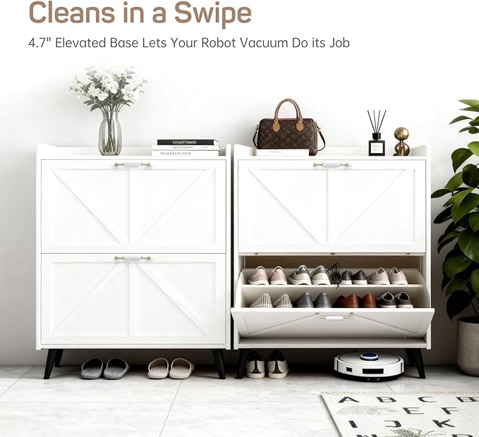 Shoe Storage Cabinet for Entryway with 2 Flip Drawers, Metal Slim Narrow Shoe Cabinet, Freestanding Hidden Shoe Organizer for Foyer, Hallway, Entryway - White