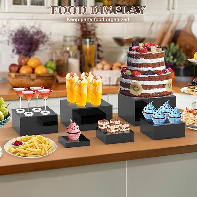 6Pcs Black Buffet Risers Set (Size 5",6",7",8",9",10"),Food Risers for Buffet Table Display Stand Shelf for Party Catering Dessert Collectibles Acrylic Cube Boxes Display with Hollow Bottoms