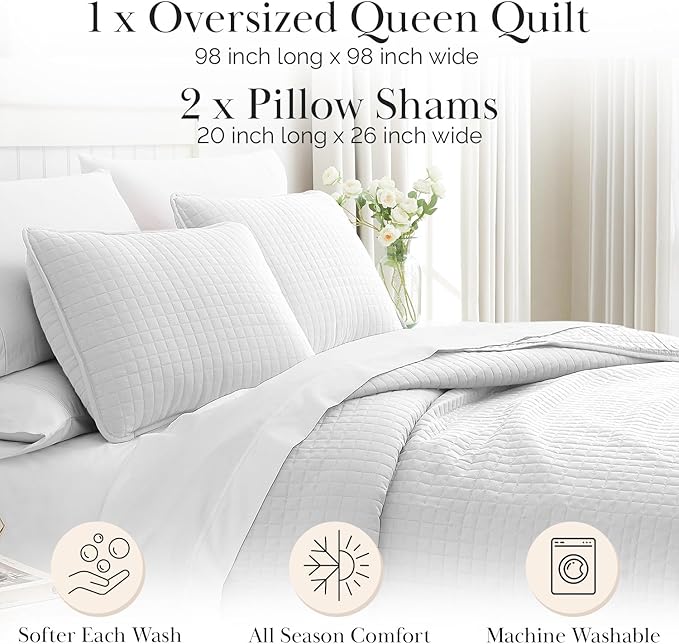 Southshore Fine Living, Inc. White Queen Quilt Bedding Set, Dual Fit Luxury Bedding Quilts, Queen Size Bedspread Coverlet, Full Size Quilted Comforter Bed Spread w/Pillow Shams, White Quilts