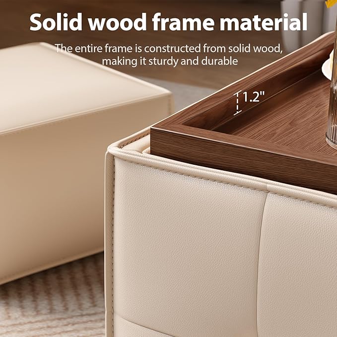 Square Ottoman with Storage Set of 2, Leather Coffee Table Ottoman, Multifunctional Foot Rest Stool with Storage for Living Room & Bedroom