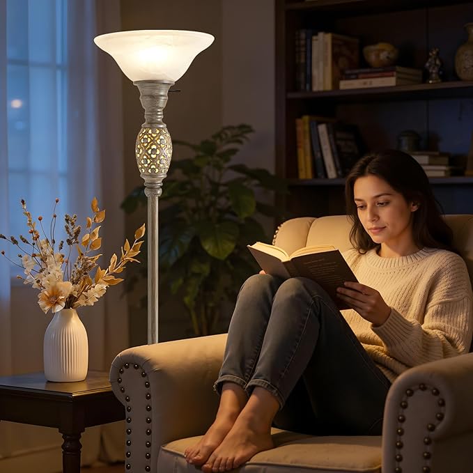 70" Torchiere Floor Lamps with NightLight - Victorian Style Vintage Floor Lamp for Living Room, Bedroom, Office - Retro Floor Lamps with Rotary Switch & Etched Glass Shade, Home Decor, Bulb Included