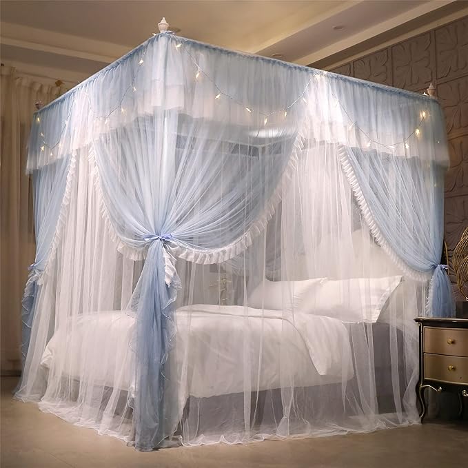 VETHIN 4 Corners Post Ruffle Princess Bed Canopy Curtain-Double Layer Cozy Drape Netting 4 Opening Mosquito Net for Girls Adults Bedroom Decoration (Gray/White, 53" W*78" L*82"*H/(Full))