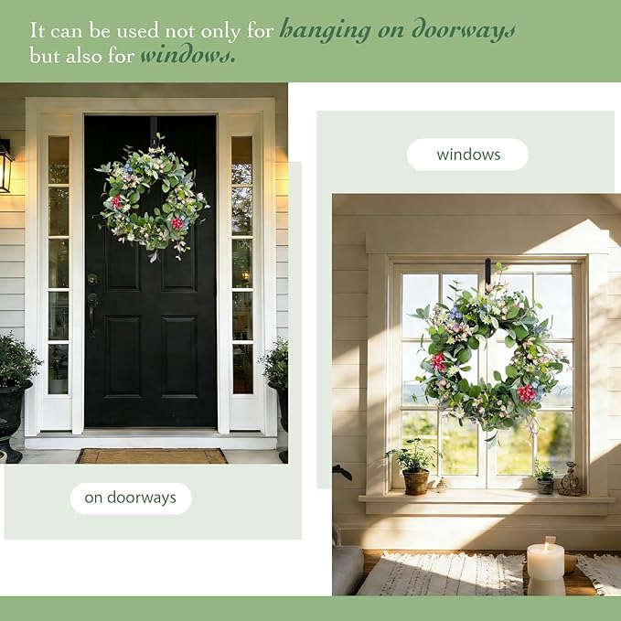 Solar Spring Wreath for Front Door 24inch Pre-lit 50LED Spring Summer Decorations Artificial Wreath Colorful Daisy for Outside Home Decor Festival Farmhouse Decor(2408)