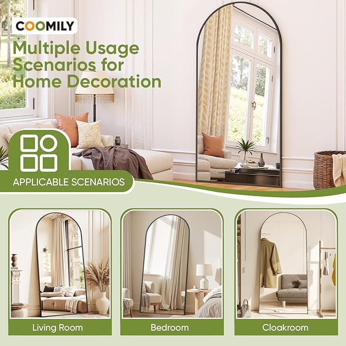 Full-Length Floor Mirror with Stand, 76"x44" Arched Style Full Body Standing Mirror for Bedroom, Living Room, Gym, Dorm - Shatter-Resistant & Easy Assembly, Black