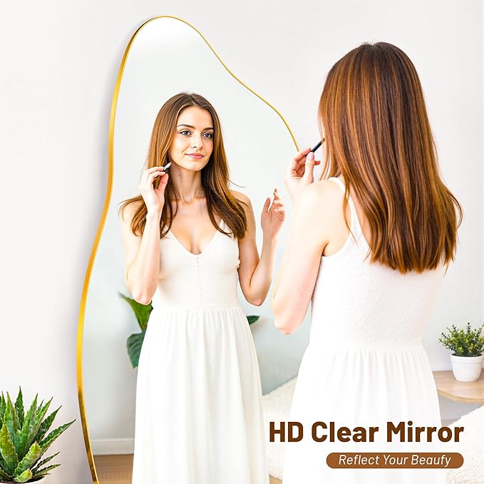 Antok Full Length Mirror, 76"x36" Floor Mirror with Stand, Standing Hanging Leaning Irregular Mirrors for Bedroom Living Room Entryway, Cloud Shaped, Golden