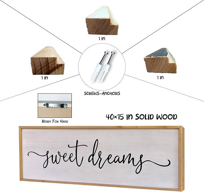 Surfapans Sweet Dreams Wall Decor Above Bed 40"x15" ofr Master Bedroom Guest Room Wood Framed Rustic Over Bed Wall Art Sign (Wood)