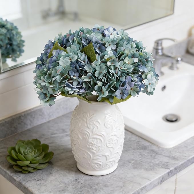 Kimura's Cabin 6pcs Fake Blue Flowers Artificial Silk Hydrangea Flowers Bouquets Faux Hydrangea with Stems for Farmhouse Home Table Centerpieces Wedding Party Decoration(Blue, Pack of 6)