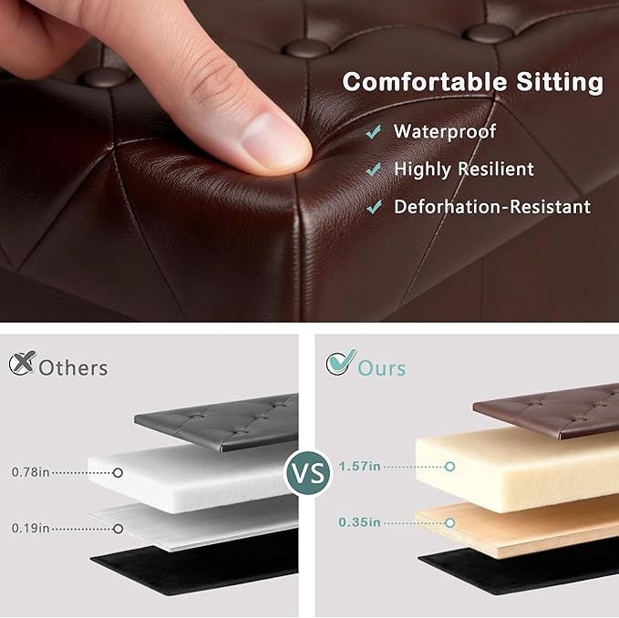CAROLMADE Folding Storage Ottoman Cube PU Leather Footstool with Wood Legs Ottoman Footrest for Living Room and Bedroom Brown, 15x12.6 x 15.4”