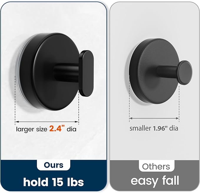 pickpiff Suction Cup Hooks for Shower: 15 LB Strong Wall Hanger for Bathroom, Front Door, Glass, Window, RV, Holder for Towel, Christmas Wreath, Coat, Loofah, Waterproof & Reusable, Matt Black 4 Pack
