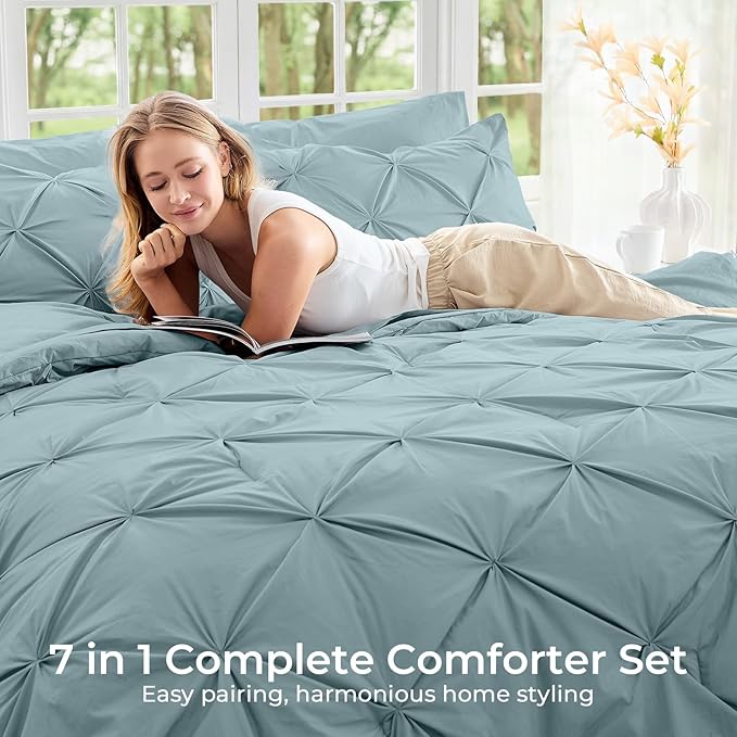 Sasttie Twin Comforter Set, 5-Piece Bed in a Bag, Pintuck Bedding Sets for All Season, Includes Comforter, Flat Sheet, Fitted Sheet, Pillowcase and Pillowsham, Greylish Blue