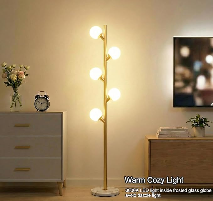 Fiqevs 5 Globe Floor Lamp for Living Room, Mid Century Modern Standing Lamp with Orb Frosted Glass Shade and 5 LED Bulbs, Elegant Tree Tall Lamp for Bedroom Office - Antique Brass/Gold