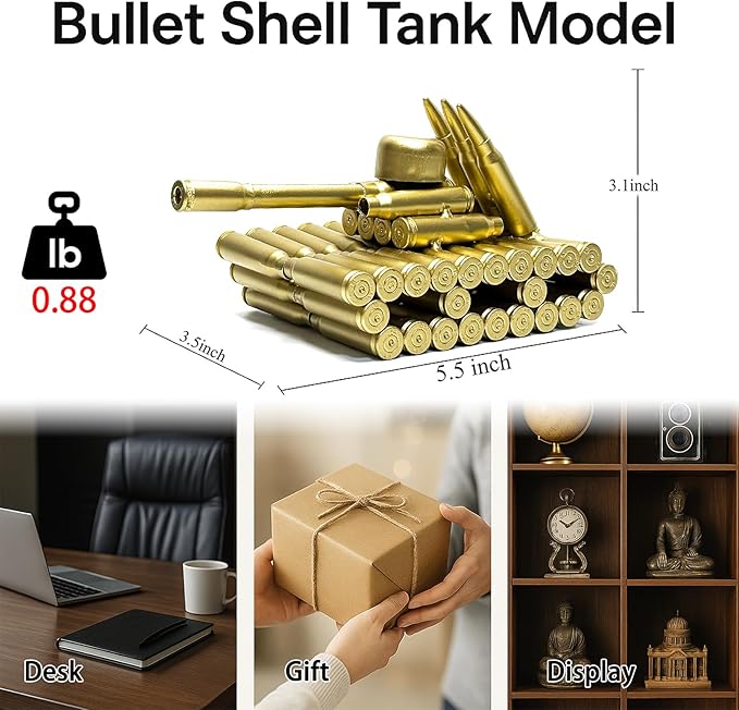 Bullet Shell Military Vehicle Sculptures - Handmade Tank, Airplane, Warship Metal Art Decor for Home, Office, Study Room for Men, Veterans (95 Tank)