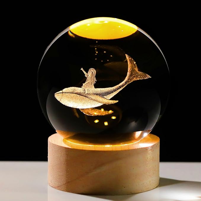 3D Whale Girl Crystal Ball with Wooden Light Base Glass Whales Girls Figurine Night Light Decor for Whale Lovers Women Daughter on Christmas Valentine's Day Birthday (Diameter 2.36 inches)