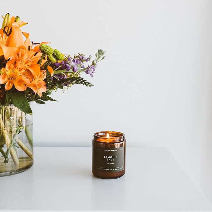 Calyan Wax Co. Lemon & Sage Scented Candle - 57 Hour Burn - Luxury Non Toxic Soy Wax Candles - Long Lasting Amber Glass Jar Candle for Home - 7.2oz
