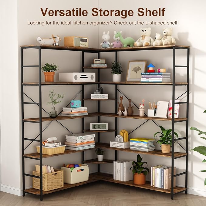 L Shaped Corner Bookshelf, 5 Tier Industrial Corner Shelf, Modenr Open Tall Bookcase with Curved Panel, Storage Display Shelf for Bedroom, Living Room & Home Office, Vintag