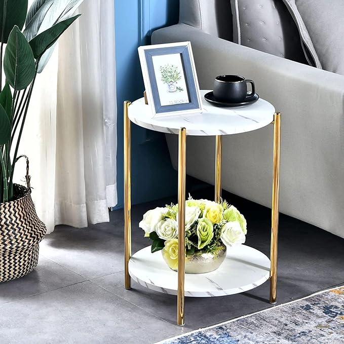 Small Round Side Table, 2-Tier Gold End Table with Faux Marble Top for Small Spaces, Modern Side Table for Living Room, Couch, or Bedroom Nightstand (1 pcs Gold, Round)