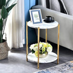 Small Round Side Table, 2-Tier Gold End Table with Faux Marble Top for Small Spaces, Modern Side Table for Living Room, Couch, or Bedroom Nightstand (1 pcs Gold, Round)
