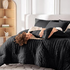 MUXHOMO 7 Pieces California King Comforter Set, Seersucker Bed in a Bag Cal King Size, All Season Luxury Bedding Set with Comforter, Flat Sheet, Fitted Sheet, Pillowcases & Shams, Black