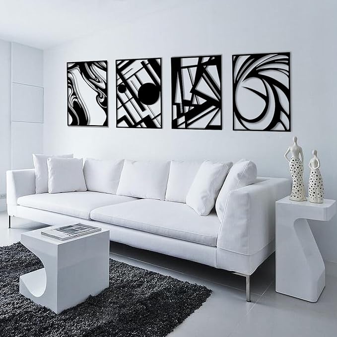 Pymin 4 Pack Modern Metal Abstract Wall Art, Minimalist Matte Black Single Line Art Décor, 3D Sculptures Textured Hanging Wall Home Decor and Shadow Effect Wall Decor for Living Room, 22.5"x15.7"