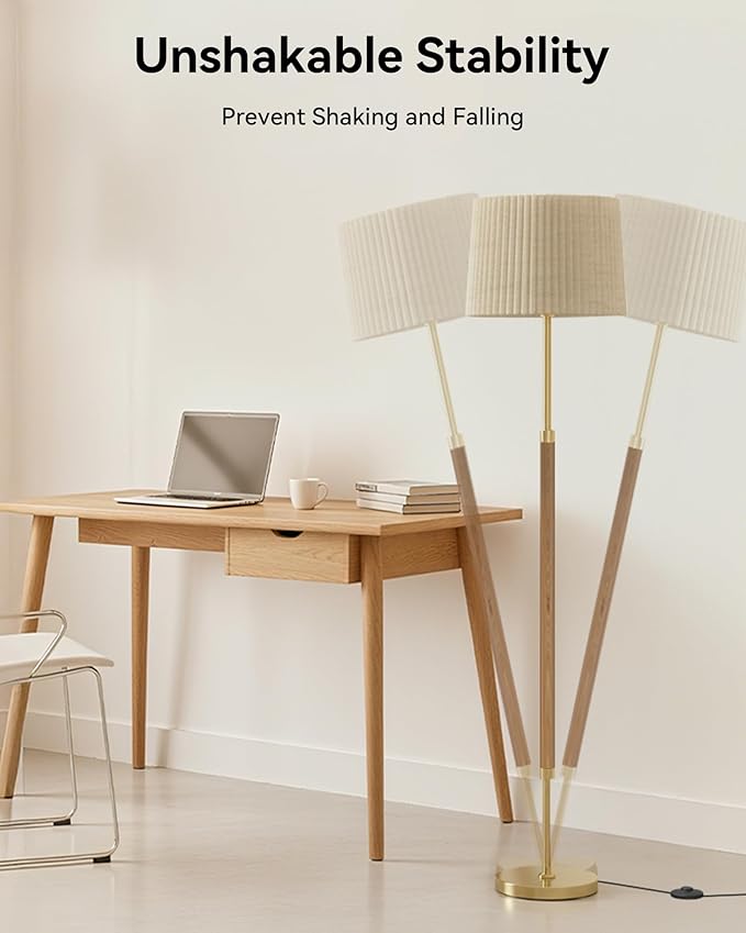 JOOFO Mid-Century Modern Wood Floor Lamp with Dual Fabric Shade, Remote Control, Dimmable & Adjustable Color Temperature, Reading & Living Room Lamp, Easy Clean Cover, Foot Switch,Natural Wood
