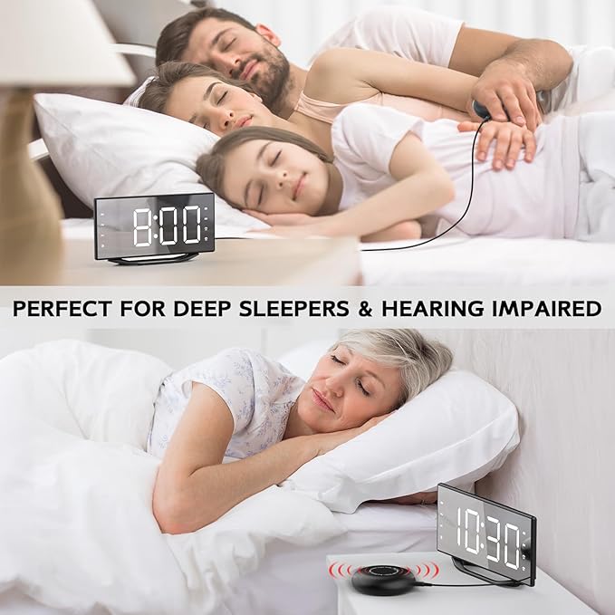 OnLyee Vibrating Alarm Clock with 8.7” LED Mirror for Heavy Sleepers & Hearing Impaired, Bed Shaker & 3 Wake-Up Modes, Dual Alarms, USB Charging, Adjustable Brightness, Snooze Function