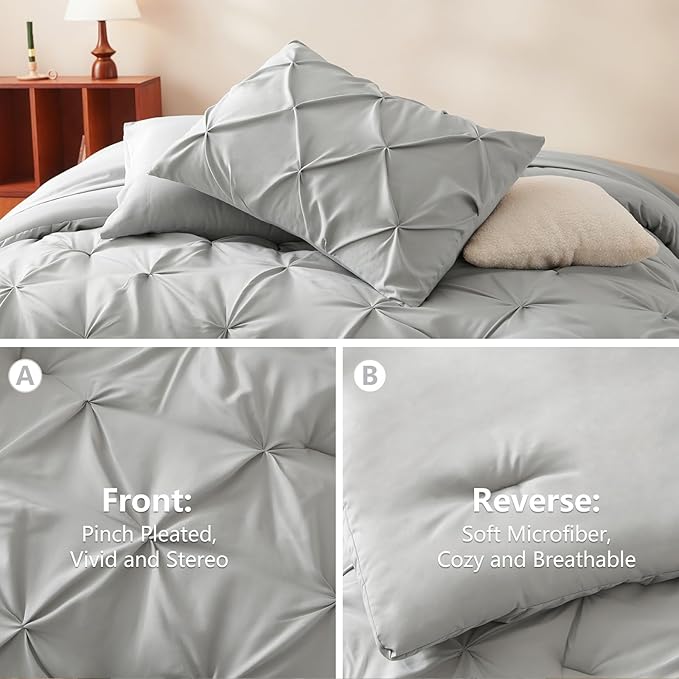 CozyLux California King Comforter Set Light Grey - 7 Pieces Cal King Pintuck Bed in A Bag Gift for Family, Pinch Pleat Bedding Sets with All Season Comforter, Sheets, Pillowcases & Shams