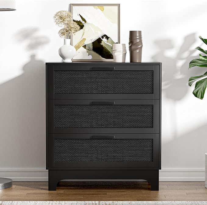 Anmytek 35" H Black Rattan Dresser, Farmhouse 3 Drawer Dresser with Natural Rattan Spacious Chest of Drawers for Living Room, Nursery, Hallway H0096