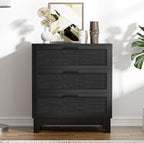 Anmytek 35" H Black Rattan Dresser, Farmhouse 3 Drawer Dresser with Natural Rattan Spacious Chest of Drawers for Living Room, Nursery, Hallway H0096