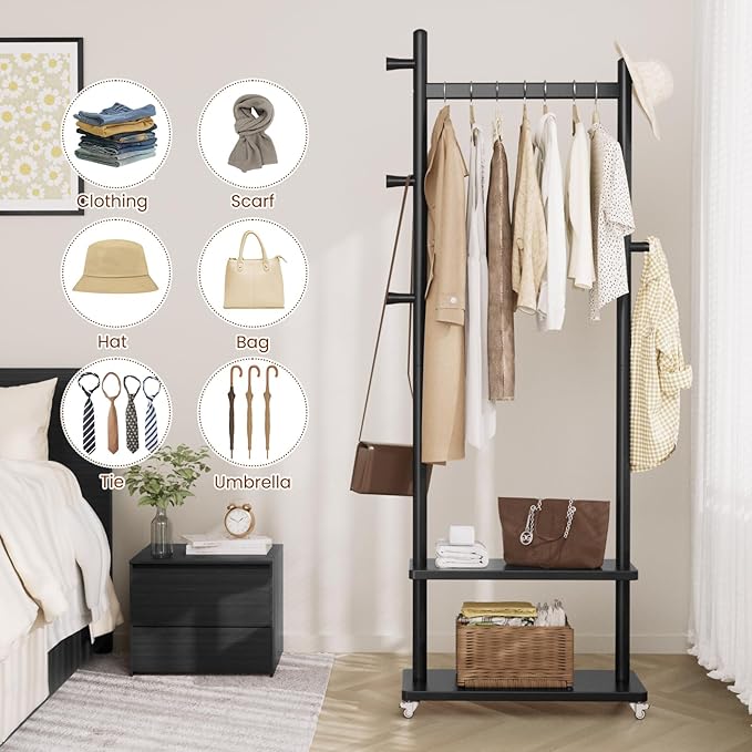 Coat Rack Freestanding Clothing Rack with Wheels & 2 Shelves Storage & 5 Hooks Heavy Duty Clothes Rack Wood Coat Tree Stand Hat Hanger Rack for Corner Bedroom Entryway Living Room Hotel Size L