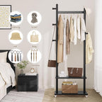 Coat Rack Freestanding Clothing Rack with Wheels & 2 Shelves Storage & 5 Hooks Heavy Duty Clothes Rack Wood Coat Tree Stand Hat Hanger Rack for Corner Bedroom Entryway Living Room Hotel Size L